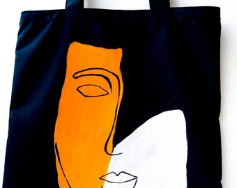 Tote bag, Black tote bag handpainted eco friendly tote bag