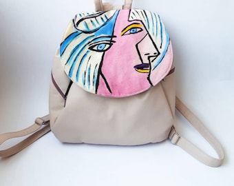Cubic Art Backpack, Acrylic Art Canvas, Handpainted Eco Friendly, vegan leather backpack