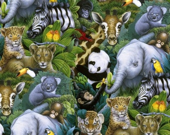 Jungle Wildlife Animals Cotton Fabric Remnant Material Sewing New