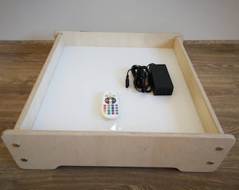 Mesa de luz tamaño XL para dibujo con arena. Montessori, Juego sensorial, juguete de madera, caja de luz LED, luz que cambia de color