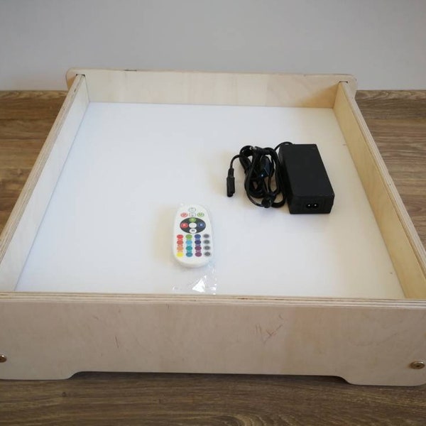 Table lumineuse taille XL pour dessin sur sable. Montessori, Jeu sensoriel, jouet en bois, boîte à lumière LED, lumière changeante de couleur