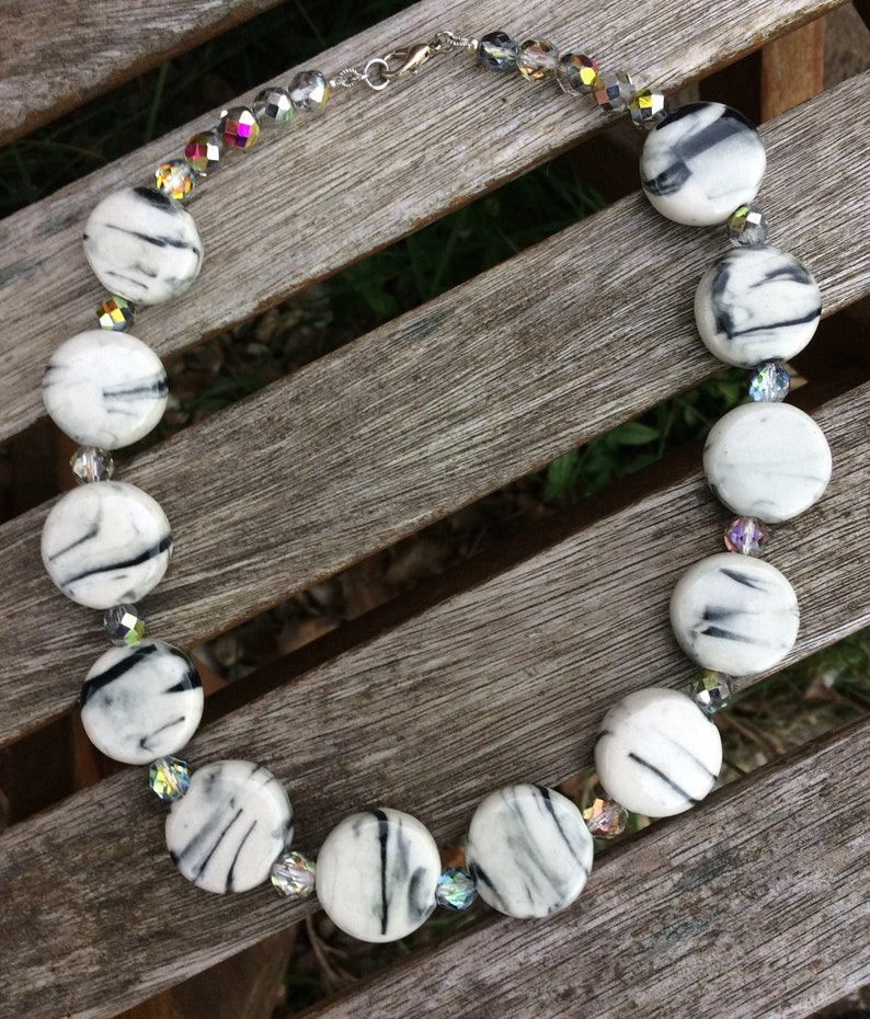 Pretty 1950/'s Style Zebra Jasper Stone and Rainbow Glass Beaded Necklace
