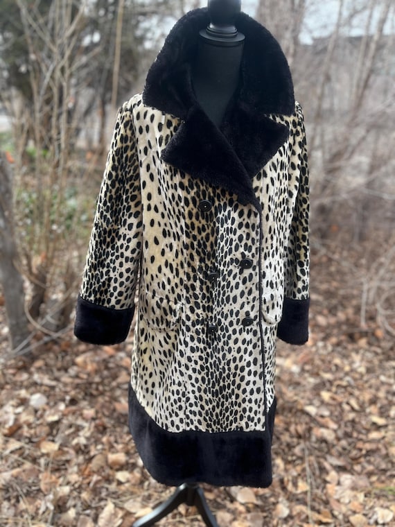 1970s Faux Fur Snow Leopard Coat, Black Trim