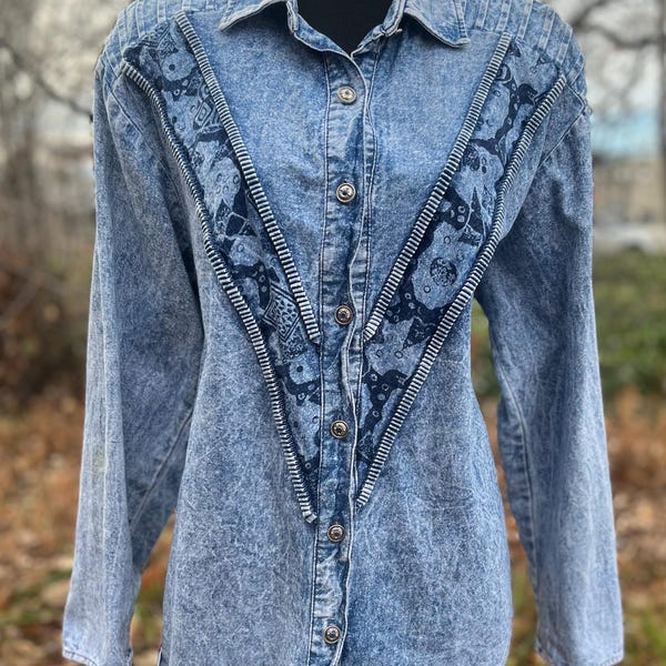 Vintage 80s Acid Wash Denim Shirt: Abstract Design, Button Down