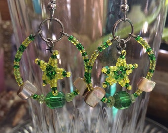 Green glass seed bead star earrings, with peridot, sea shell, and vintage glass beads