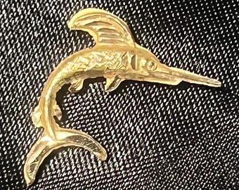 14K solid yellow gold marlin tie tack, Nautical fish lapel pin with T bar and chain, fine gold men’s accessory, sport fishing jewelry