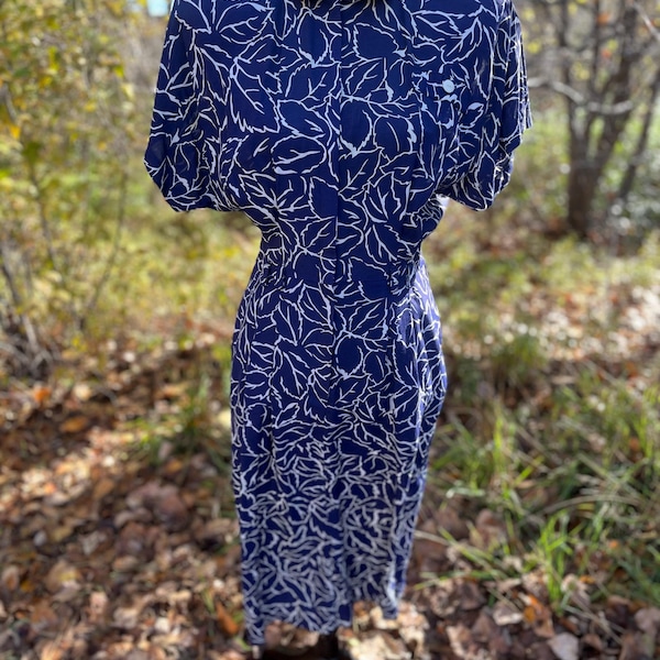 1980s Vintage Dress, Blue White Print, Shoulder Pads, All That Jazz