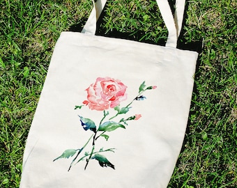Sac fourre-tout floral, cadeau d’amoureux des fleurs pour elle, sac réutilisable Pink Rose, sac fourre-tout en coton Shabby Chic avec poignées