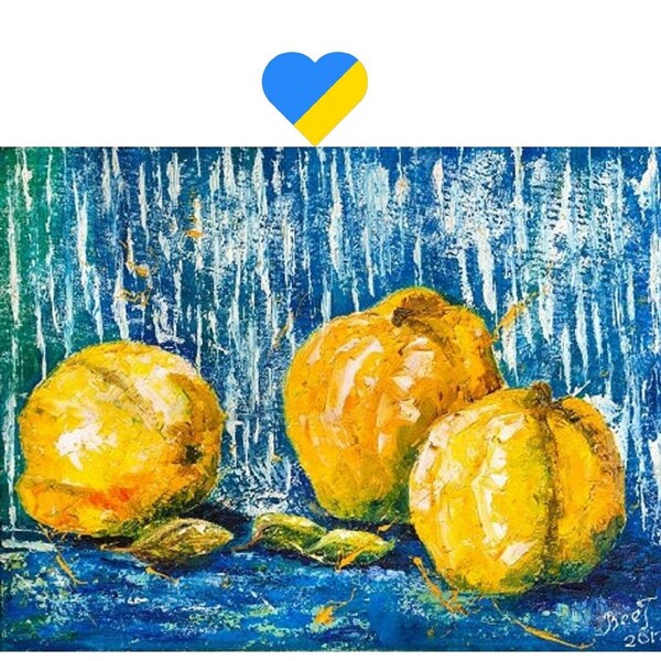 Blue and Yellow quince print Ukrainian Art Ukrainian shop Oil painting print Quince wall art Kids wall art Digital download