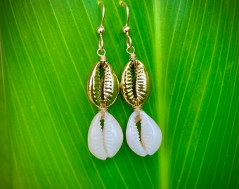 Beach Queen Cowrie Shell Earrings. Gold and Natural. Gold Filled