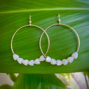 Pikake Hoop Earrings. Mother of Pearl. Gold Filled