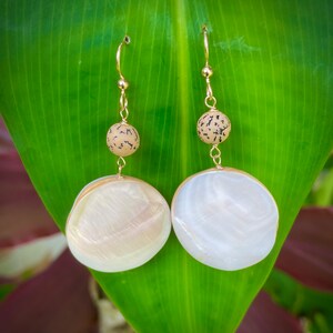 White Mother of Pearl Earrings. Salwag Nut Beads. Gold Filled
