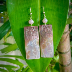 Hibiscus Carved Earrings. Mother of Pearl. Freshwater Pearl. Sterling Silver