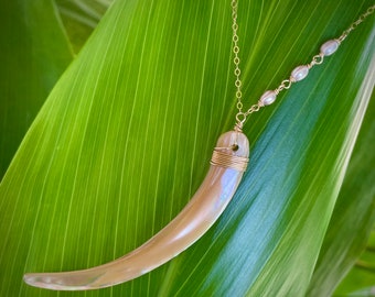 Mother of Pearl Talon. Long Necklace. Gold Filled