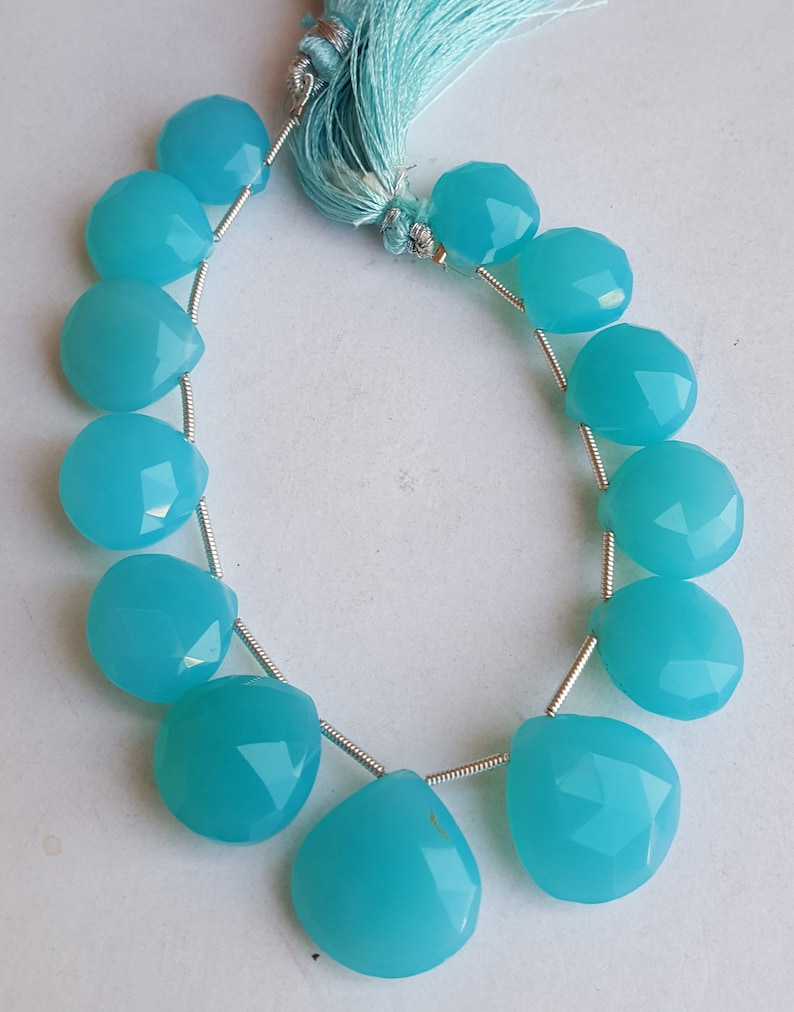 Newly Listed ~~~ Blue Chalcedony Briolette Beads ~~~1 Strand~~143 carat~~ Heart Shape~~~ 13 Pieces~~~Side Drilled~~12-17 MM~~