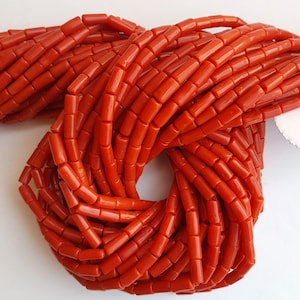 New Listed ~~~ Natural Italian coral Smooth Tube Beads~~~10 inches~~4x8 MM~ ~~ 30 Beads approx 1 Strand~~~ Stunning Color~~ Wholesale Price