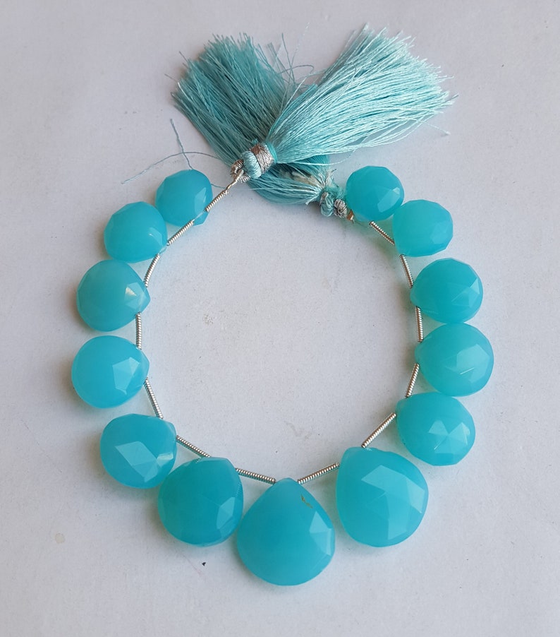 Newly Listed ~~~ Blue Chalcedony Briolette Beads ~~~1 Strand~~143 carat~~ Heart Shape~~~ 13 Pieces~~~Side Drilled~~12-17 MM~~