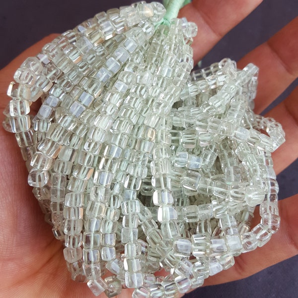 50% off ~~ Newly Listed ~~ Natural Green Amethyst Cube Shape Beads~~ Smooth Beads~~ 8 inches~~~45+ Beads~~4-5 MM~~1 Strand~~ Wholesale Price