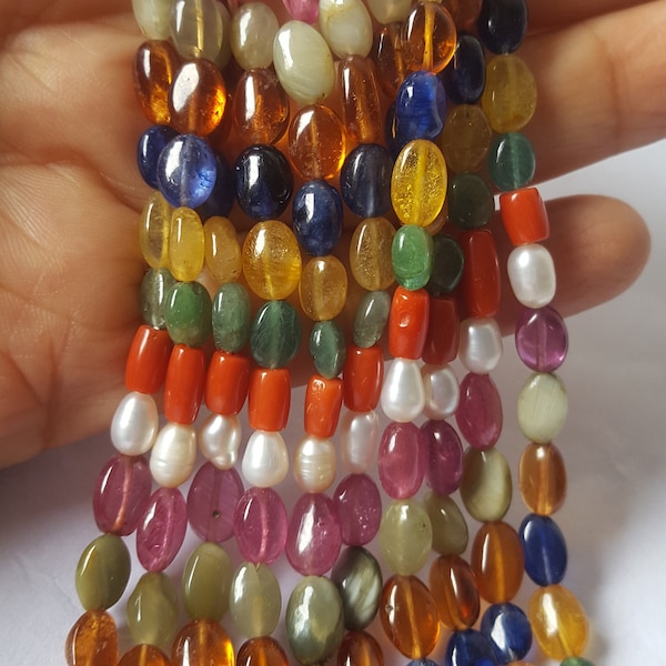 Newly Listed---Natural Navratan----Smooth Oval Shape Beads---5-6 MM---18 inches long each strand---Jewlery making---AAA Quality