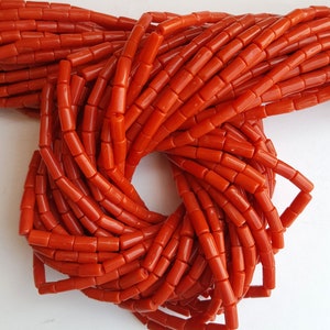 New Listed ~~~ Natural Italian coral Smooth Tube Beads~~~10 inches~~4x9 MM~~~ Stunning Color~~ Wholesale Price