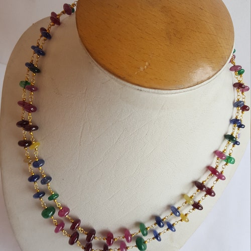 Precious Necklace ~~ shops Ruby | Blue & Yellow Sapphire | Beryl Emerald ~~~ 16 inches ~~ Gold Plated Chain ~~7-10 MM rondelle beads ~~ 2 Strands