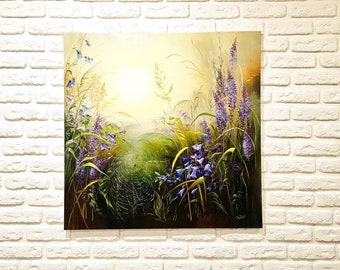 Large wildflower wall art canvas, Sunrise nature artwork, Summer field of flowers art, Square painting, Green floral landscape oil painting
