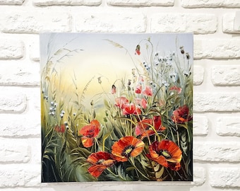 Pintura de amapola roja, arte floral original, arte del paisaje del prado de amapolas, pintura de flores de amapolas del arte del lienzo del campo de amapolas, flores silvestres florales