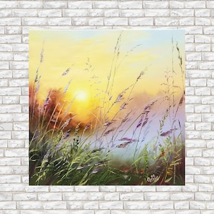 Meadow painting landscape, Painting wildflowers wall art living room, Summer landscape canvas, Grassland painting, Sunrise oil painting