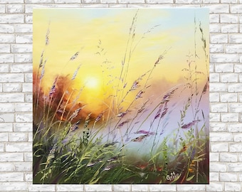 Meadow painting landscape, Painting wildflowers wall art living room, Summer landscape canvas, Grassland painting, Sunrise oil painting