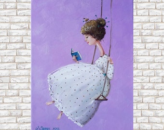 Girl with book painting, Girl on swing painting, Woman reading portrait, French woman wall art, Female painting, Figurative woman painting