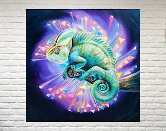 Large chamelion painting Chameleon wall art Lizard art painting Reptile painting of animal on canvas art Abstract modern animal art original