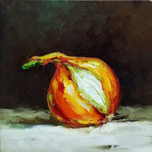 Onion oil painting, Impasto food painting Vegetable art original food still life artwork modern Dutch Moody still life canvas oil in rio
