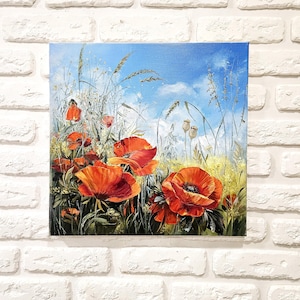 Original poppy bloom painting, Poppy flowers art canvas floral painting of poppies on canvas Wildflower meadow painting realistic landscape