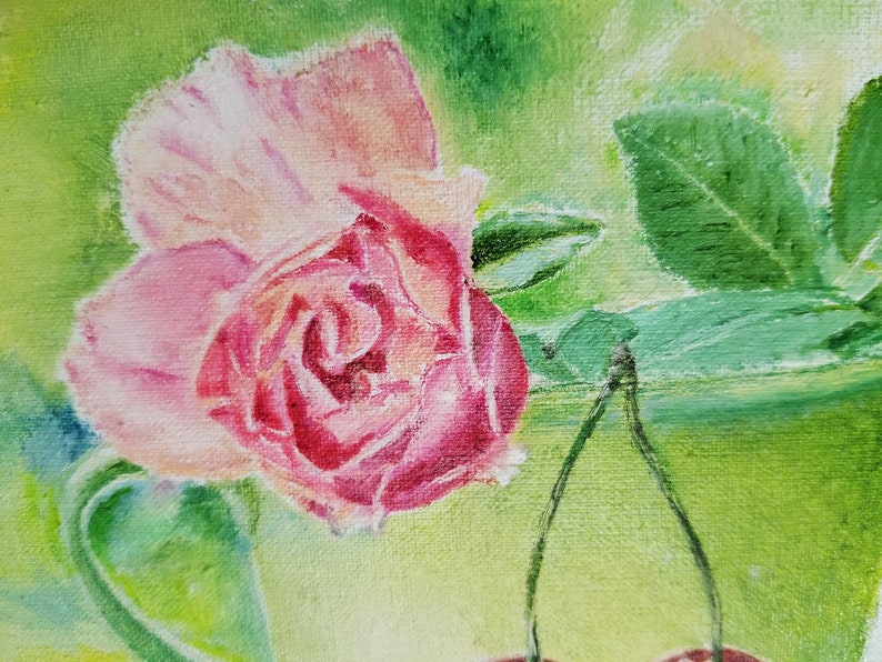 Pink rose painting original Berries oil paintings Roses oil painting canvas original Small still life oil painting original
