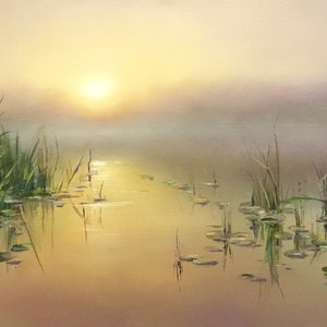 May include: A painting of a misty sunrise over a still lake with lily pads and reeds. The sun is a bright yellow circle in the sky, and the water is a soft golden color.