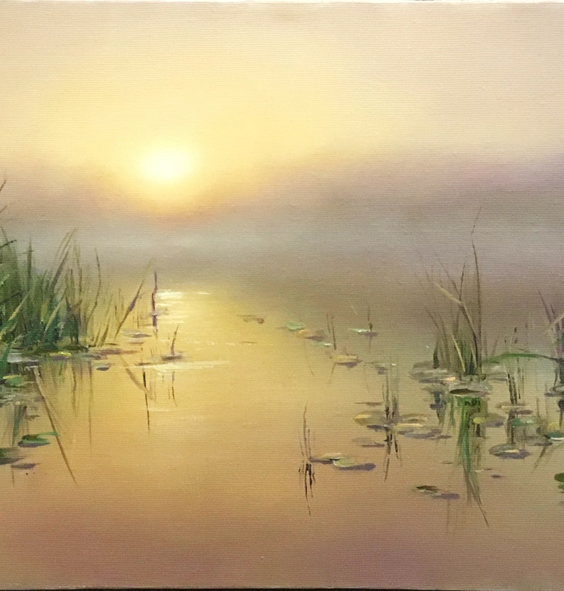 May include: A painting of a misty sunrise over a still lake with lily pads and reeds. The sun is a bright yellow circle in the sky, and the water is a soft golden color.