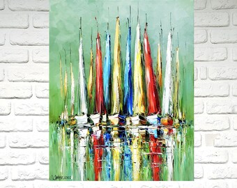 Large abstract boat art paintings, Yacht artwork Colorful seaside coastal canvas art Reflection painting of sail boat Sailing oil painting