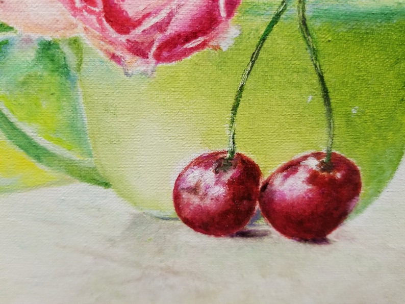 Pink rose painting original Berries oil paintings Roses oil painting canvas original Small still life oil painting original