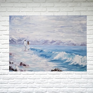 Large coastal oil painting, Romantic ocean paintings of couples on beach art original water Nautical art work scene