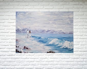 Gran pintura al óleo costera, pinturas románticas del océano de parejas en la playa, arte original del agua, obra de arte náutico, escena