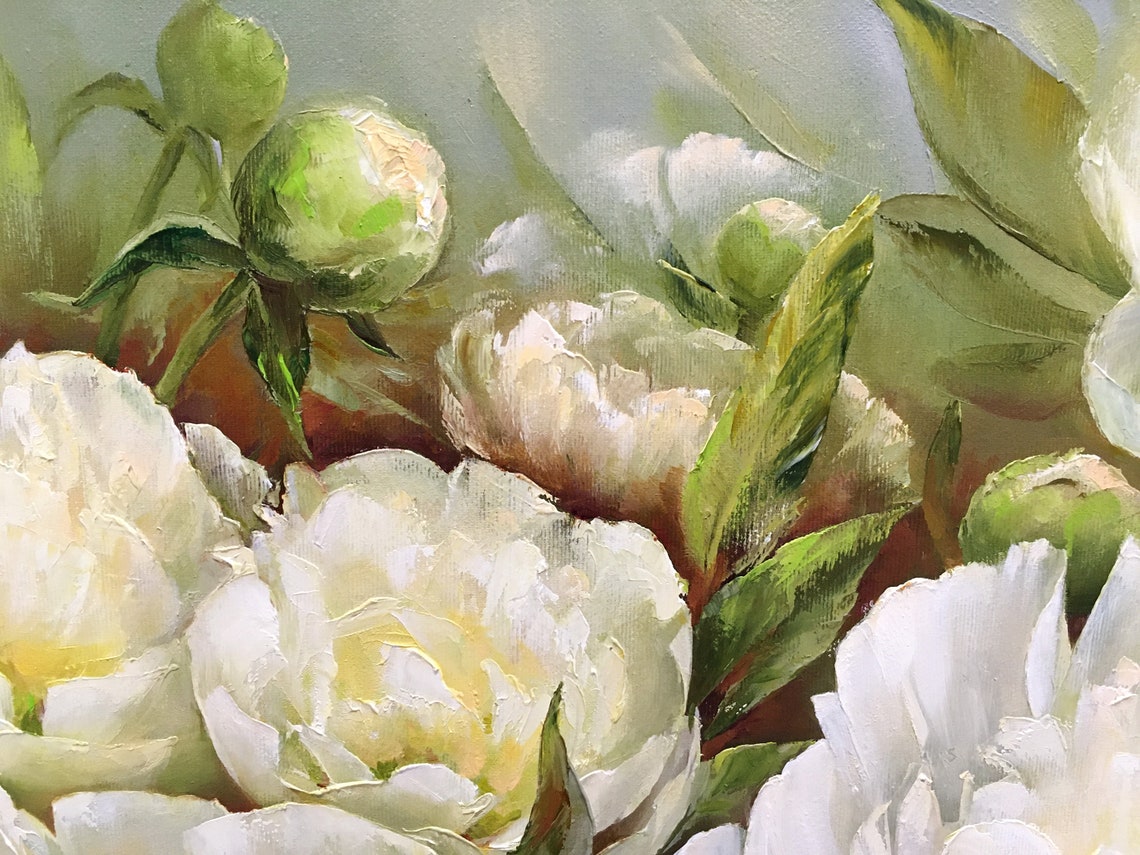 White Peony Painting Large Peonies Canvas Art Flowers Oil Etsy New