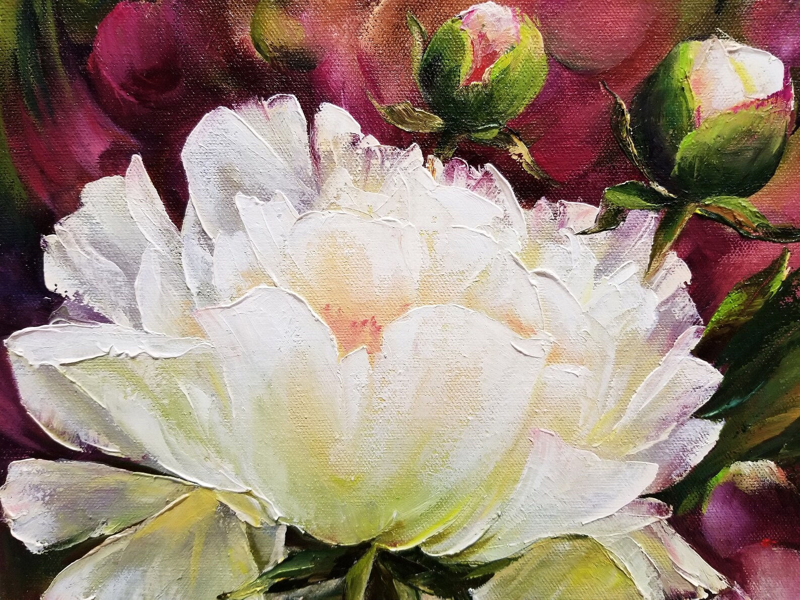 White Peony Painting Flower Wall Art Peonies Painting in Pink Etsy