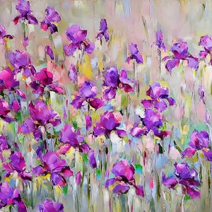 Large abstrac flower oil painting, Iris flower painting, Purple wildflower art, Irises oil painting, Modern floral painting impasto wall art