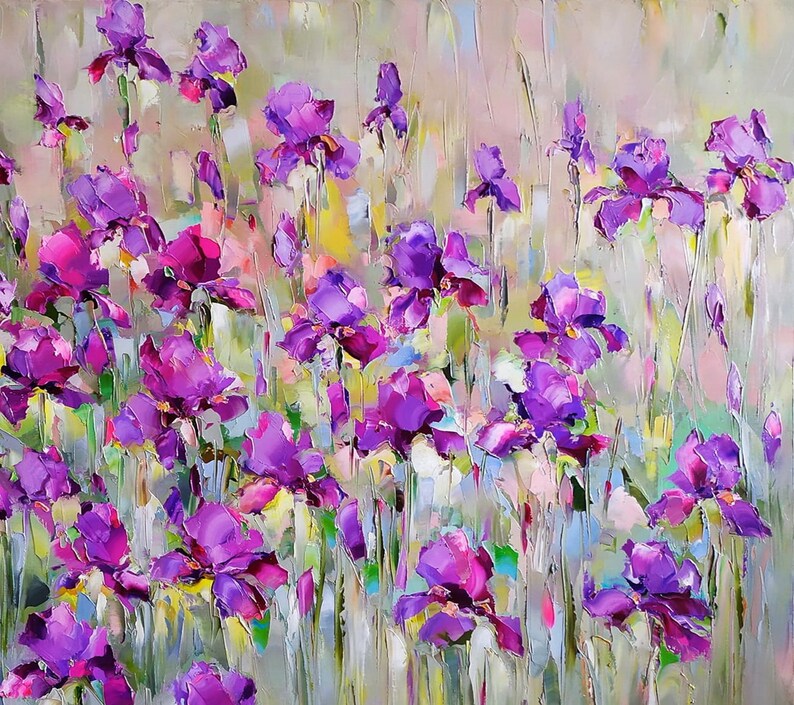 Large abstrac flower oil painting, Iris flower painting, Purple wildflower art, Irises oil painting, Modern floral painting impasto wall art