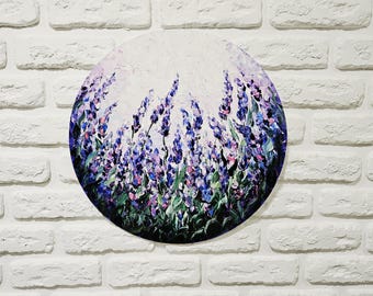 Pintura acrílica de flores de lavanda, pintura redonda original de flores al óleo sobre lienzo, pintura impresionista floral, pintura de campo de prado