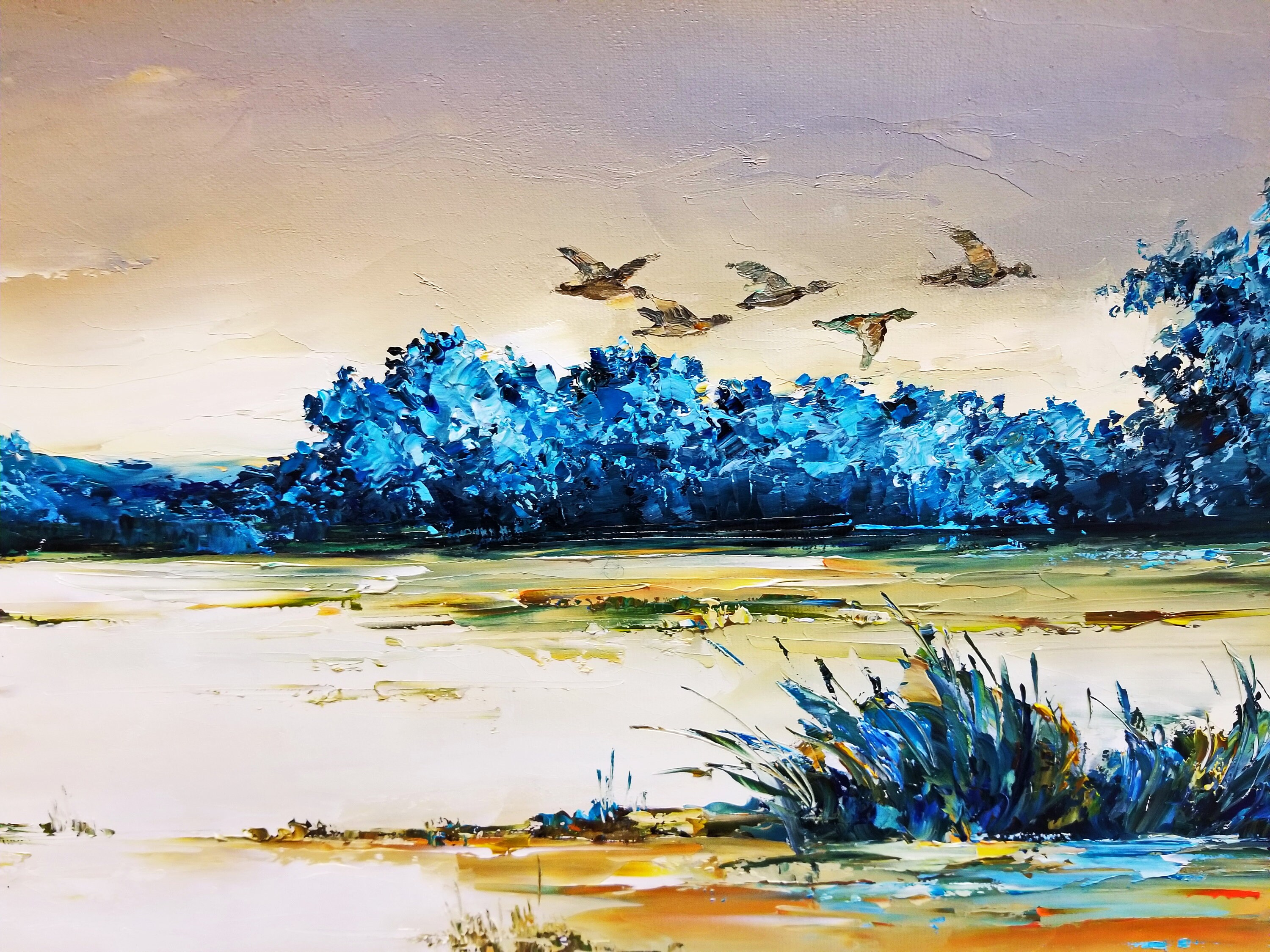 Large Sunset Painting Oil Landscape, Orange Sunset on the Lake Art ...