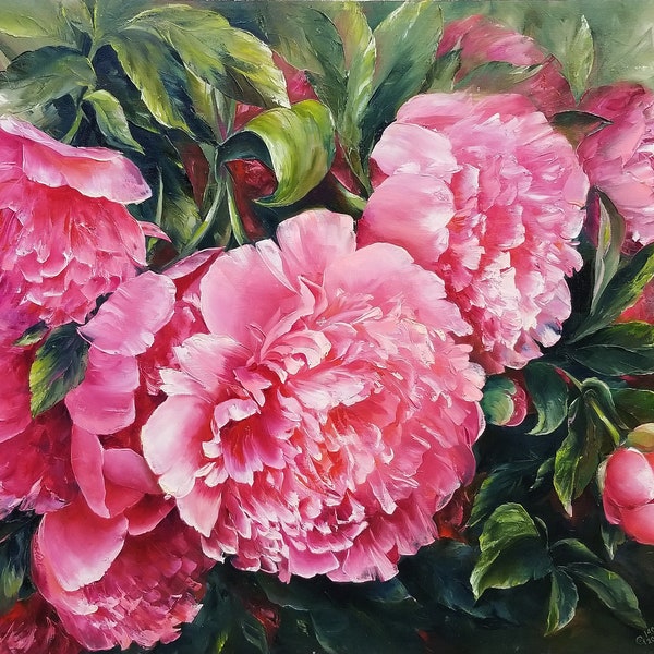 Pintura de peonía rosa grande, pintura al óleo de peonías sobre lienzo, pintura al óleo de flores de peonía original, pintura floral grande textuted