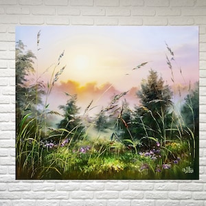 Foggy forest painting original, Meadow painting landscape, Painting wildflowers wall art, Summer landscape canvas, Countryside oil painting