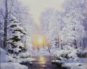 冬の風景 キャンバスに油絵、雪の森、雪の絵、冬のアートワーク