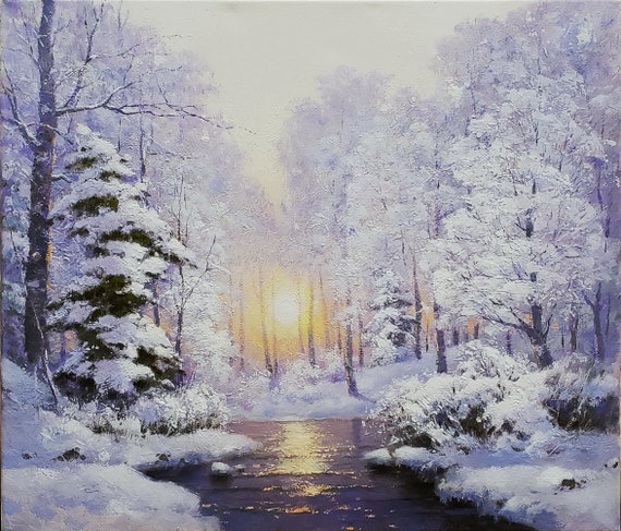 Snowy forest landscape painting original, Winter nature oil painting, White tree art canvas, Snow oil paintings, Winter sunrise painting